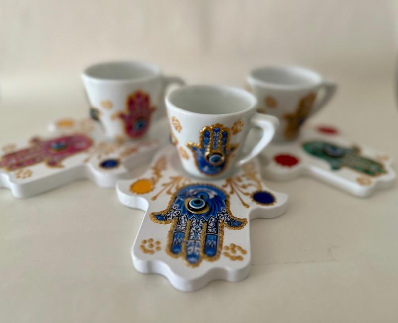 Arabic Coffee Cup & Saucer Set , Painted Set of 3 pieces