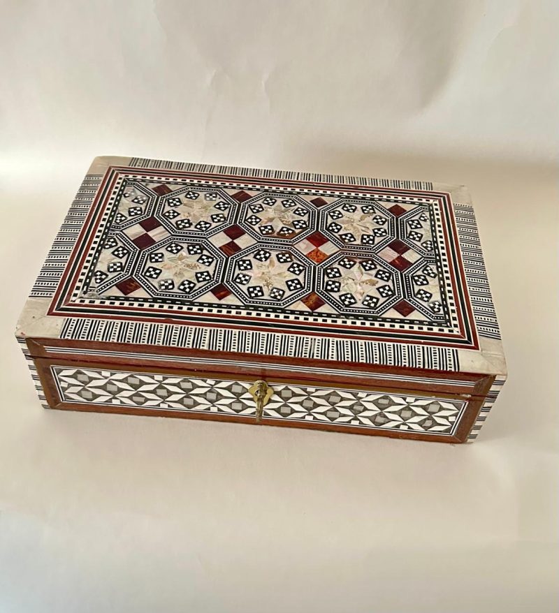 Ornamental Wooden Jewelry Box, Hand Painted with Gold, Silver and Copper 26 cm x 17 cm x 7 cm