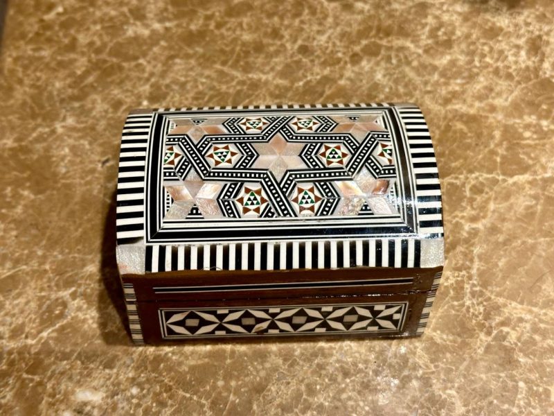 Ornamental Wooden Jewelry Box, Hand Painted with Gold, Silver and Copper 13cm x 9 cm x 7 cm